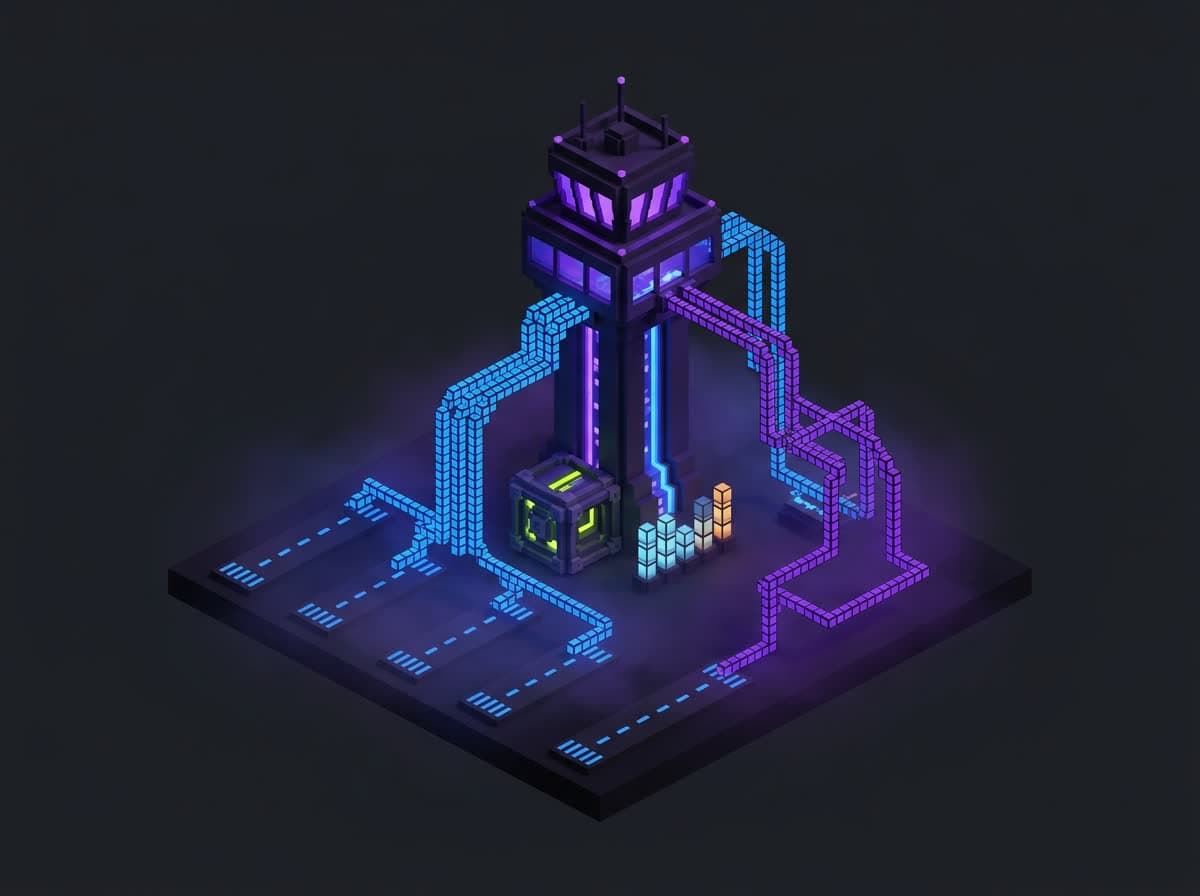 Voxel illustration of an air traffic control tower routing glowing request paths to model runways.