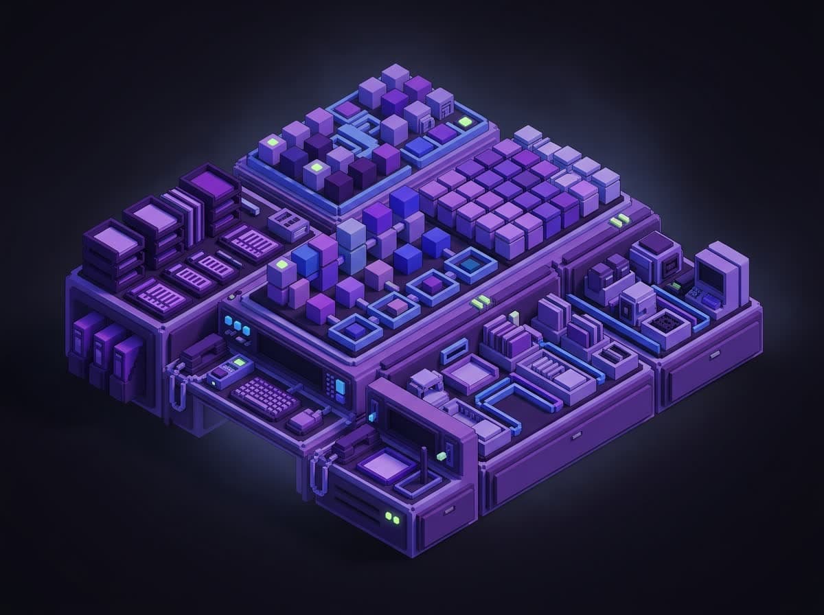 Voxel illustration of an operations command desk with pipeline lanes, ledgers, and scheduling blocks.