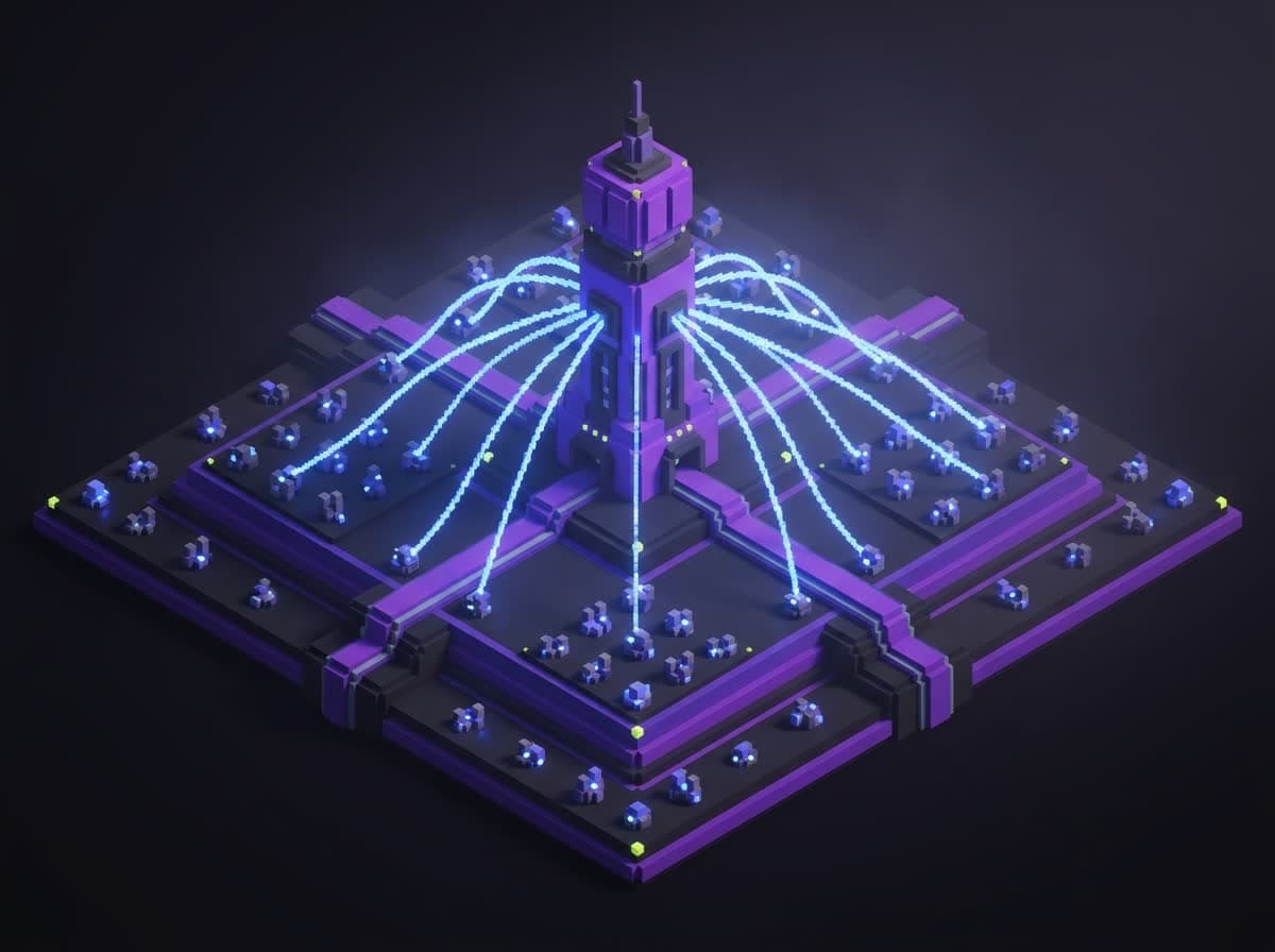 Voxel illustration of a routing tower fanning light conduits out to hundreds of small model nodes.
