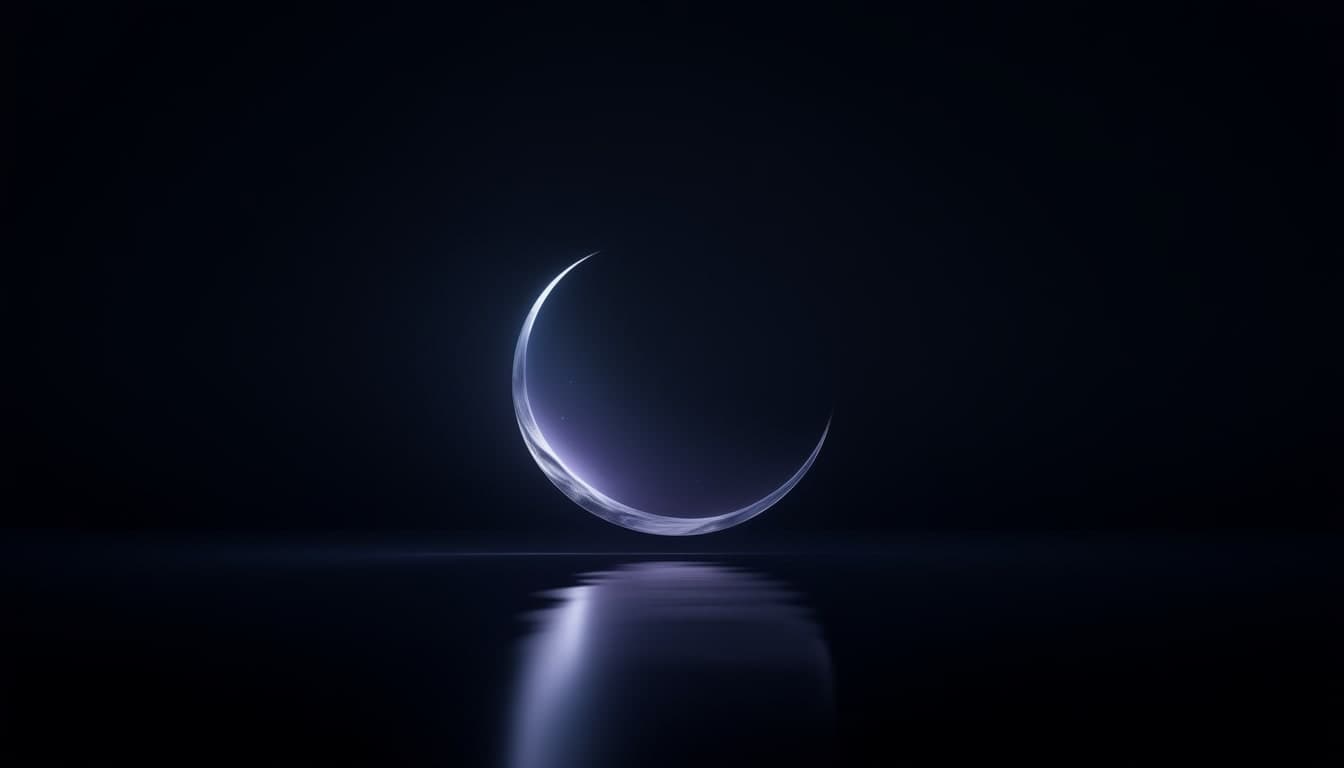 A silver crescent suspended above still water, with violet light reflected across the surface.